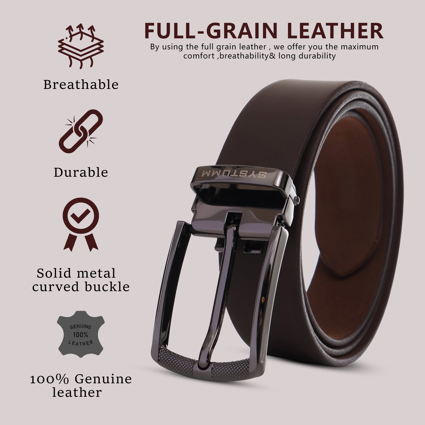 Systumm Men Formal Brown Genuine Leather Belt